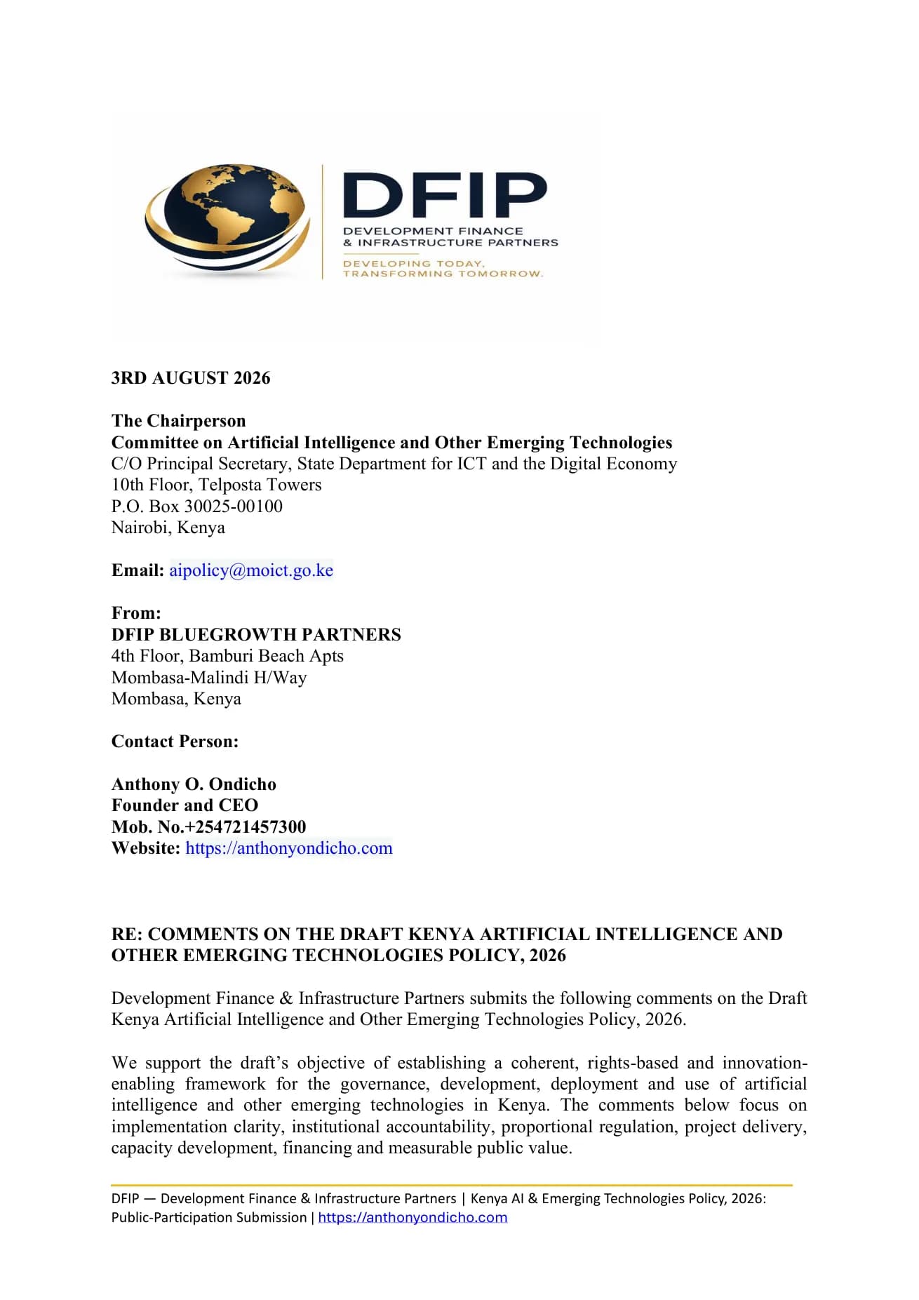 Page 1 of DFIP's submission to the Ministry of Information, Communications and the Digital Economy on the Draft Kenya Artificial Intelligence and Other Emerging Technologies Policy, 2026