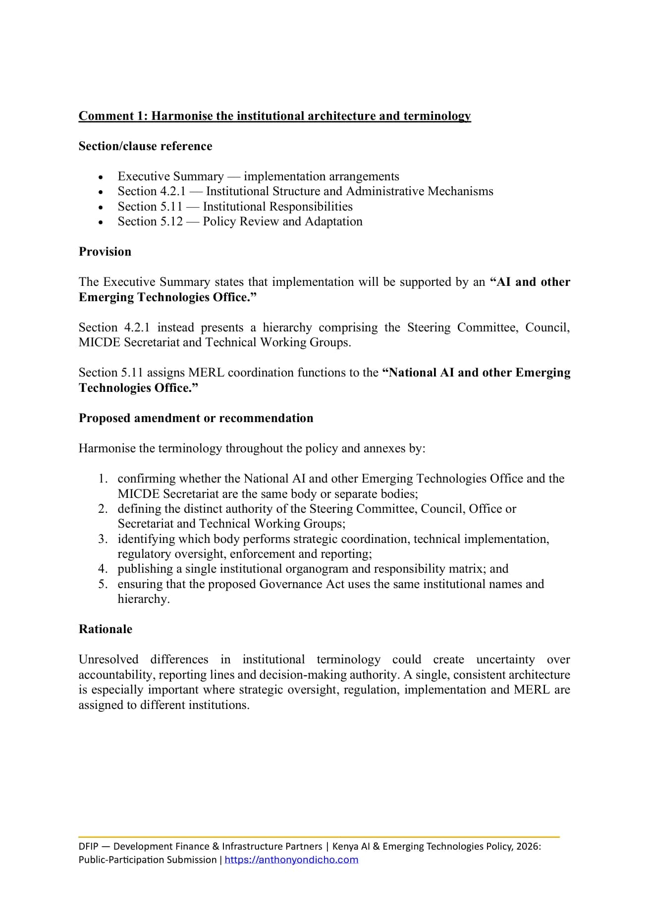 Page 2 of DFIP's submission to the Ministry of Information, Communications and the Digital Economy on the Draft Kenya Artificial Intelligence and Other Emerging Technologies Policy, 2026