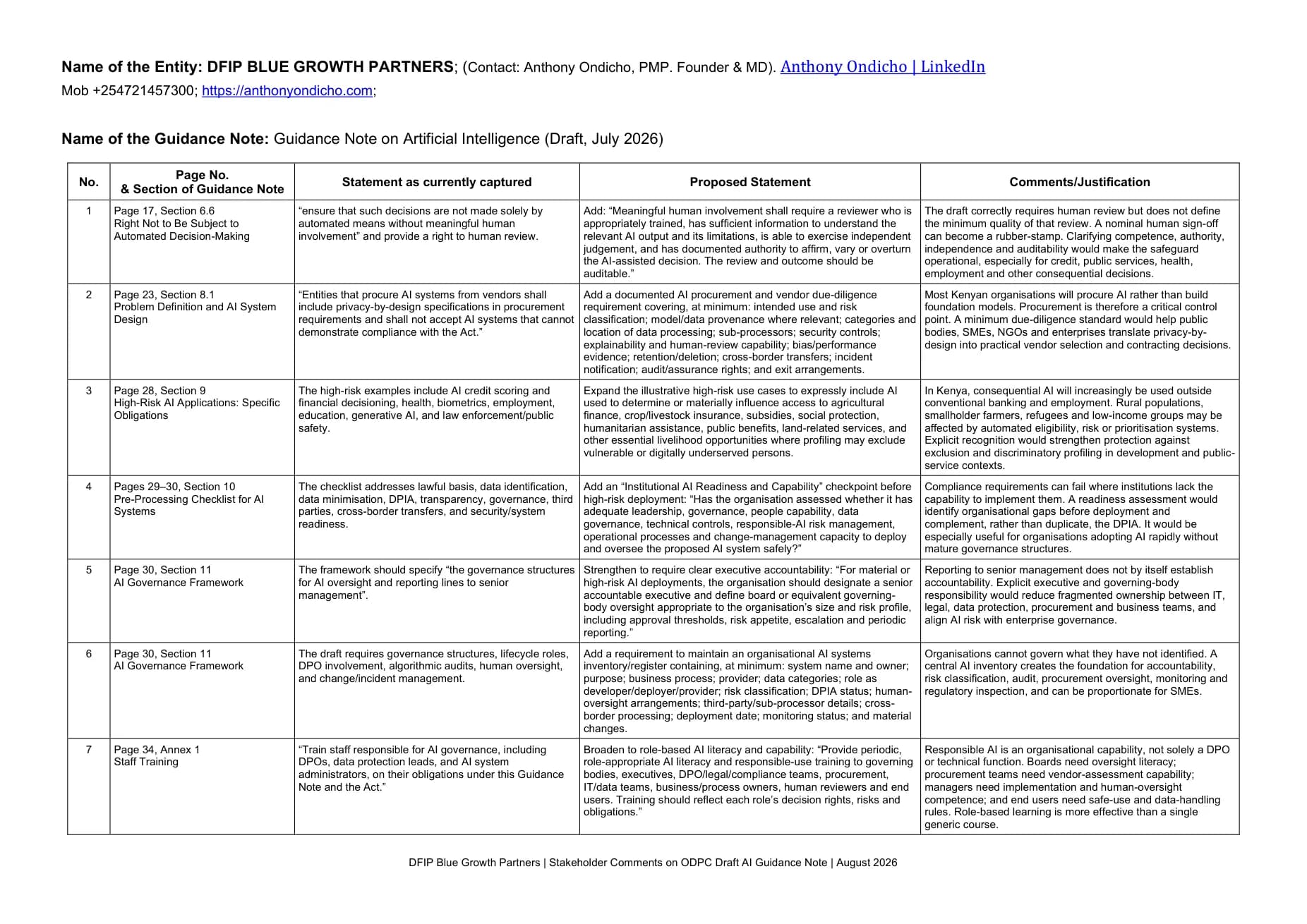 Page 1 of DFIP's stakeholder comments to the Office of the Data Protection Commissioner on the Guidance Note on Artificial Intelligence (Draft, July 2026)